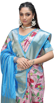 PremVastra Digital Print Kalamkari Crepe Saree(Blue)
