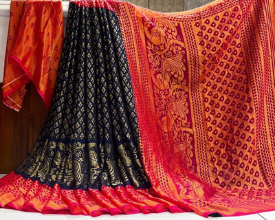 Fancy Fab Printed Dharmavaram Brasso Saree(Dark Blue)