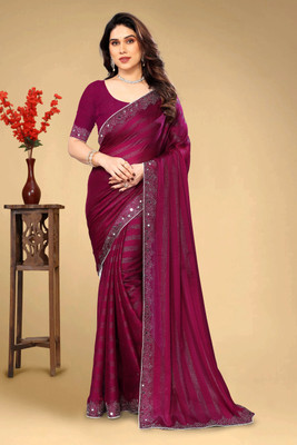 VEERAIVA Embellished Bollywood Chiffon Saree(Magenta)