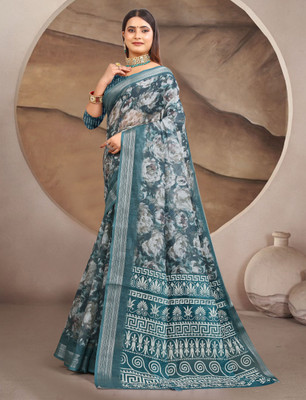 PRTRENDZ Printed Kanjivaram Pure Cotton, Cotton Linen Saree(Black)