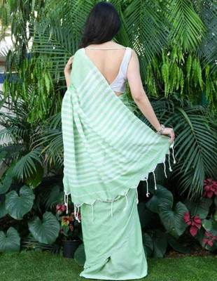 RONI TEXTILES Striped, Solid/Plain Handloom Cotton Blend Saree(Green)