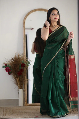 Anahant Creation Woven Banarasi Cotton Linen Saree(Green, Maroon)