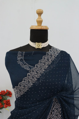 VarniRaaj Fashion Embellished Bollywood Organza Saree(Dark Blue)
