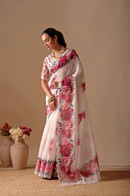 SILKORA Floral Print, Embroidered Bollywood Cotton Linen Saree(Red)