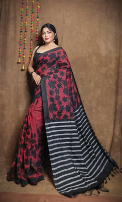 binita Self Design Sambalpuri Cotton Blend Saree(Red, Black)