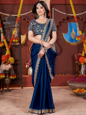 MAN PRIYA TRENDZ Embroidered Bollywood Art Silk Saree(Blue)
