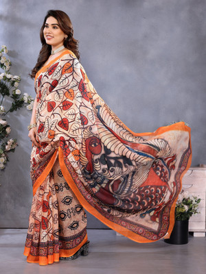 Soor Panchi Printed Bollywood Cotton Linen Saree(Beige)