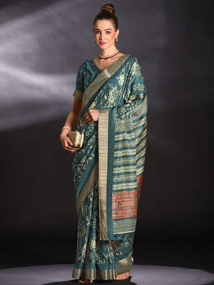 Anouk Rustic Printed Chinnalapattu Silk Blend Saree(Green)