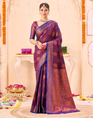 Satrani Woven, Embellished Banarasi Silk Blend Saree(Purple)