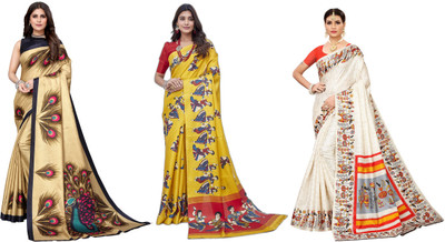 YASHIKA Printed, Woven Kalamkari Art Silk Saree(Pack of 3, Multicolor)