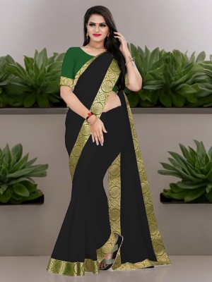 Volmina Solid/Plain Chanderi Cotton Blend Saree(Black)