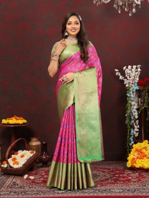 YUG ART Woven Banarasi Cotton Silk Saree(Pink)