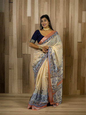 Ethnic Trendz Floral Print Assam Silk Cotton Linen Saree(Cream)