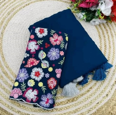 PIYA DESIGNER Solid/Plain Manipuri Georgette Saree(Dark Blue)