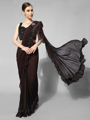 ENCLIQ Solid/Plain Bollywood Lycra Blend Saree(Brown)