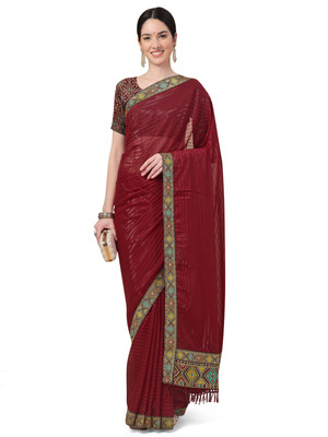 RekhaManiyar Striped Banarasi Art Silk Saree(Maroon)