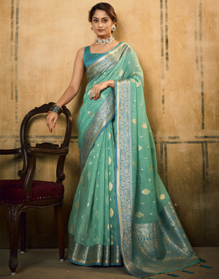Satrani Woven, Embellished Banarasi Pure Silk, Jacquard Saree(Blue, Multicolor)