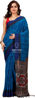 Quetzal Printed Sambalpuri Pure Cotton Saree(Blue)