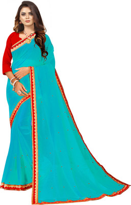 LIMTD Solid/Plain Bollywood Georgette Saree(Light Blue, Red)