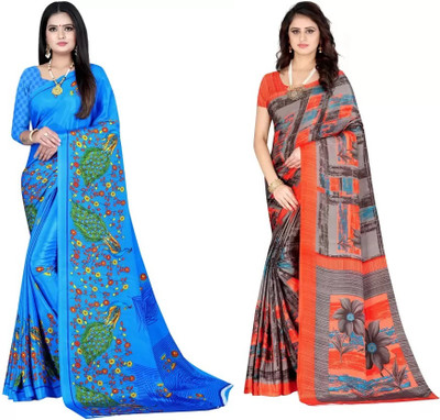 Leelavati Printed Bollywood Crepe Saree(Pack of 2, Blue, Multicolor)
