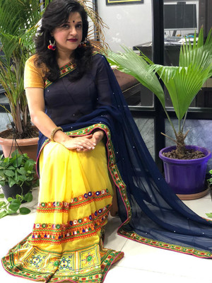 Divastri Embroidered Bollywood Georgette, Jacquard Saree(Blue, Yellow)