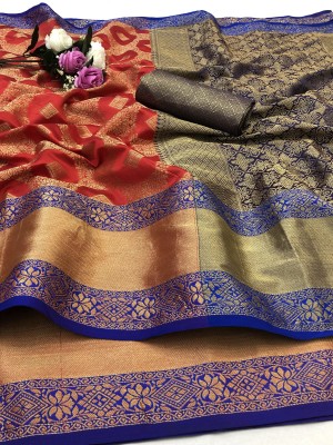 KanjiQueen Woven Kanjivaram Silk Blend, Pure Silk Saree(Red, Blue)