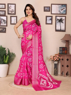 Moda Rapido Printed Bandhani Cotton Blend Saree(Pink)