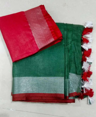 sf silk Self Design Handloom Pure Cotton Saree(Dark Green)
