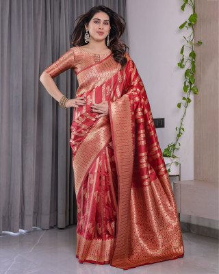 KB DESIGNER Woven, Self Design, Striped Dharmavaram Pure Silk Saree(Red)