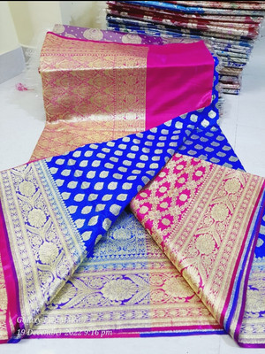 HouseOfCommon Self Design Banarasi Pure Silk Saree(Blue, Pink)
