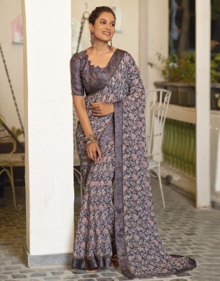 Samah Floral Print, Embellished, Printed Bollywood Georgette Saree(Purple, Multicolor)
