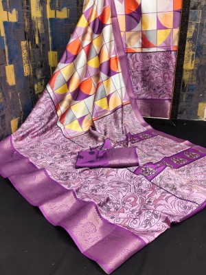Shreenathji Export Digital Print Kalamkari Silk Blend Saree(Purple)