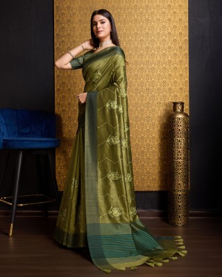 Divastri Embellished, Embroidered Banarasi Cotton Blend, Tussar Silk Saree(Green)