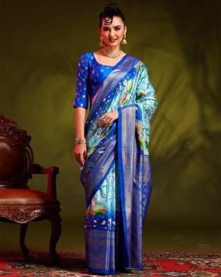 magicthreads Floral Print Daily Wear Silk Blend Saree(Blue)