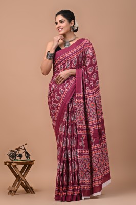 Crafts Moda Floral Print Handloom Pure Cotton Saree(Pink)