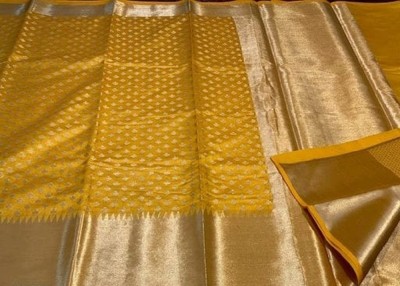 pluze fashion studio Woven Kanjivaram Pure Silk Saree(Yellow)