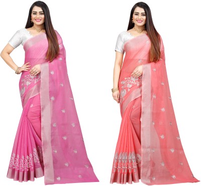 JS Clothing Mart Embroidered Bollywood Cotton Silk Saree(Pack of 2, Pink, Cream)