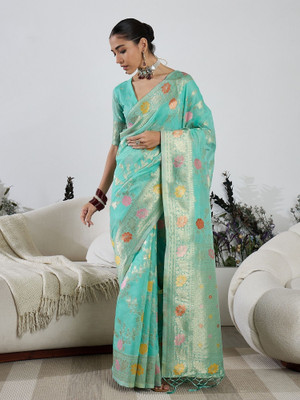 Vichitra Woven, Self Design Banarasi Cotton Blend, Jacquard Saree(Blue)