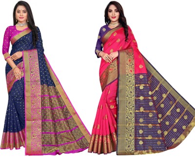 RAJUL Self Design Banarasi Jacquard Saree(Pack of 2, Blue, Pink)