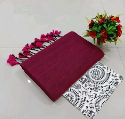 Maku Solid/Plain Handloom Pure Cotton Saree(Maroon)