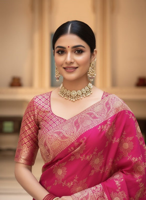 Bindi Woven Bandhani Silk Blend, Jacquard Saree(Pink)