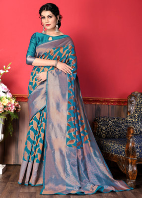 HouseOfCommon Woven Kanjivaram Pure Silk Saree(Light Blue)