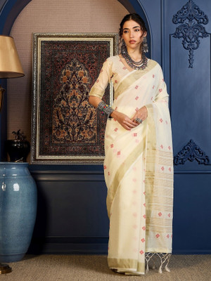Vichitra Woven, Self Design Handloom Pure Cotton, Jacquard Saree(White)