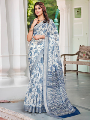 Tasrika Digital Print Hand Batik Cotton Linen Saree(White)