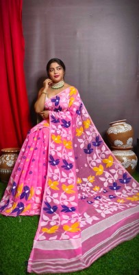bongstyle Woven Jamdani Cotton Silk Saree(Pink)