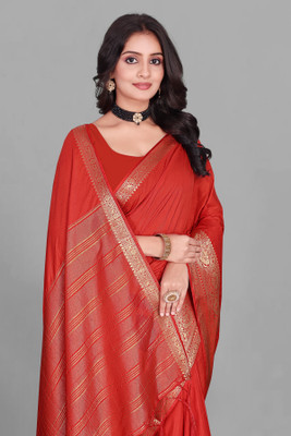 Aarunika SBT Solid/Plain Bollywood Pure Silk Saree(Red)