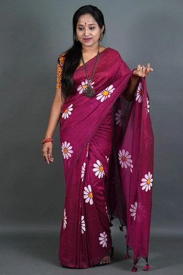 CommonHouseee Printed Handloom Cotton Blend Saree(Purple)
