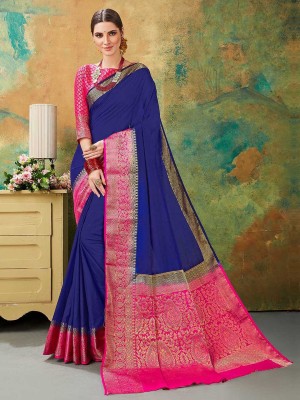 Hritika Woven, Embellished Banarasi Silk Blend Saree(Blue)