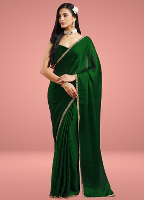 LOROFY Solid/Plain Bollywood Jimmy choo Saree(Dark Green)