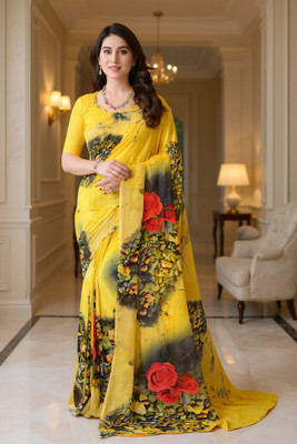 SmittenSmit Printed Bollywood Georgette Saree(Yellow)